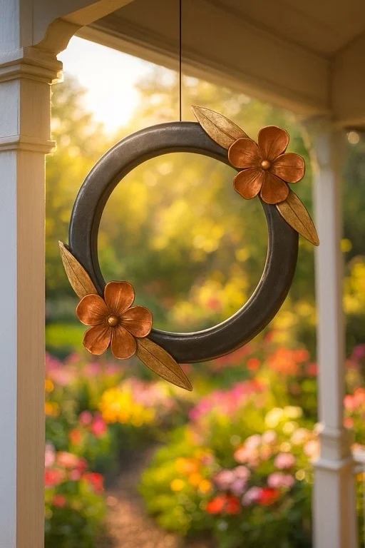 Hand-forged iron hoop wreath hanging on a porch with copper flowers and leaves.