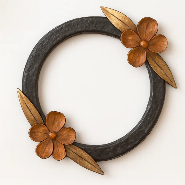 Hand-forged iron hoop wreath with two copper flowers and copper leaves on a light background.